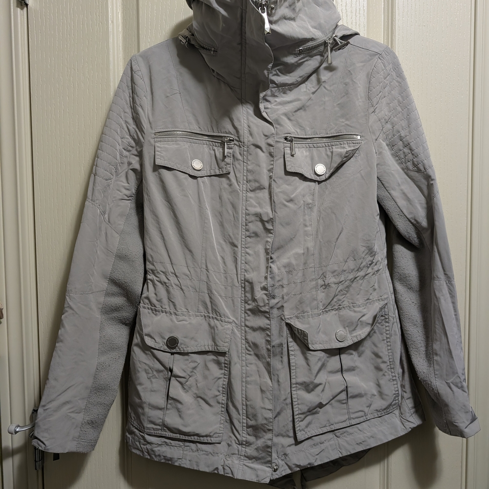 Gray Hooded Jacket with Quilted Sleeves